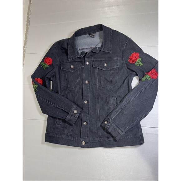 HAODUOYI Women’s XL Black Denim Jacket Embroidered Roses - Picture 11 of 16